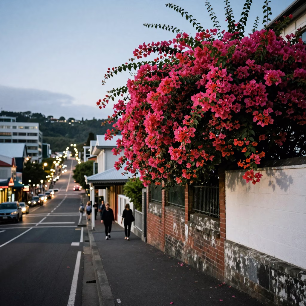 Evening Street Scene in Wellington New Zealand with Bougainvillea and Local Pedestrians in in Wellington, New Zealand