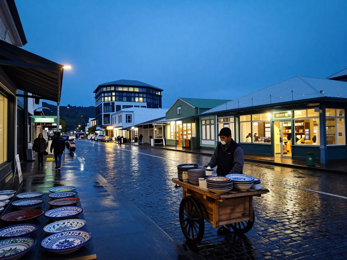 Evening Street Scene in Wellington New Zealand with Majolica Plates and Local Architecture in in Wellington, New Zealand