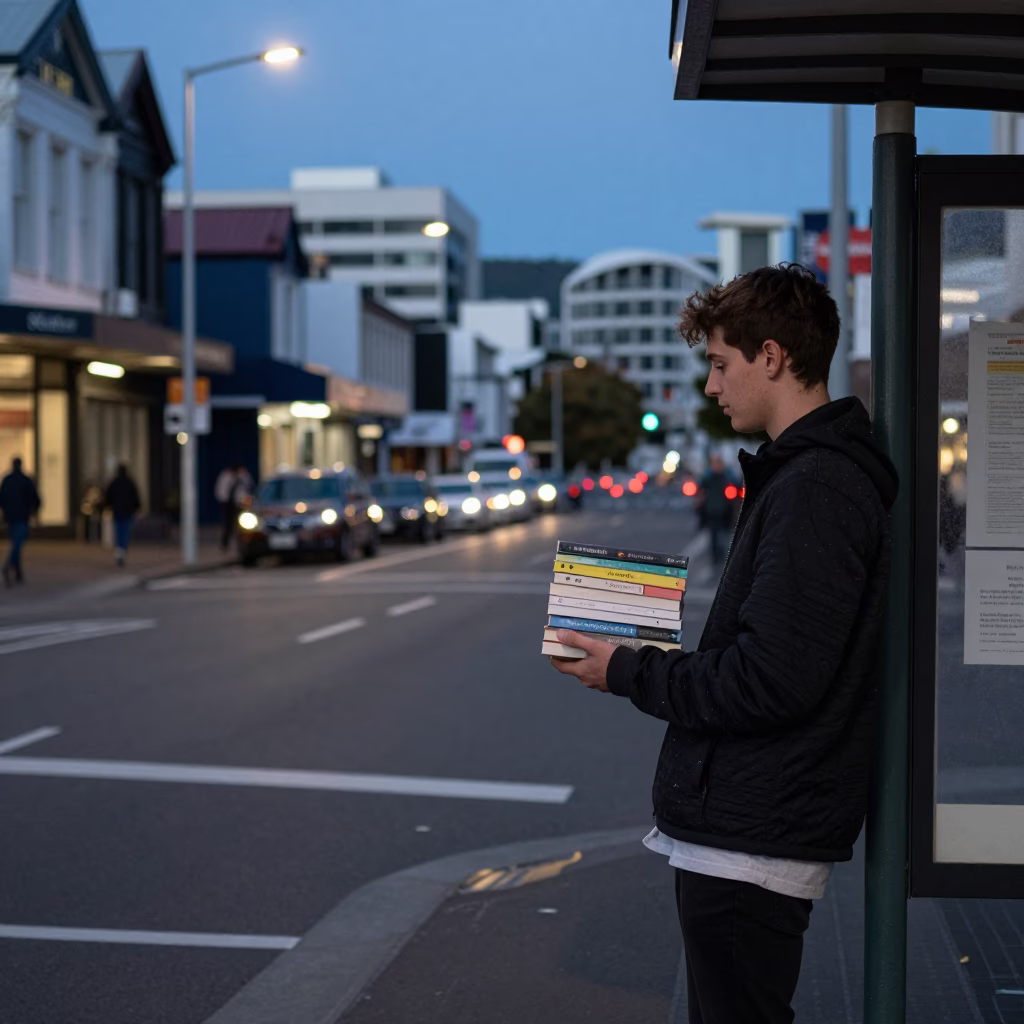 Evening Street Scene in Wellington New Zealand with Paperbacks and Urban Life in in Wellington, New Zealand