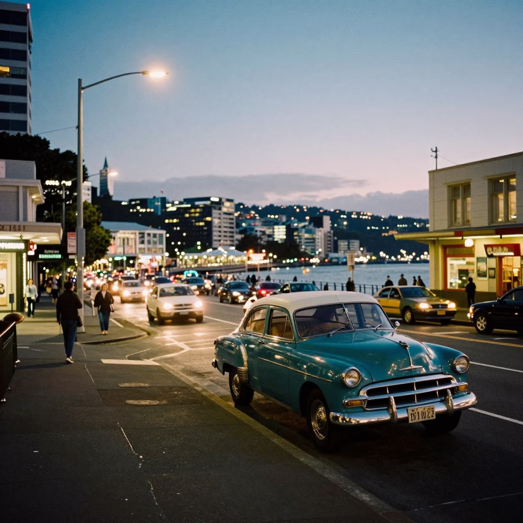 Evening Street Scene in Wellington New Zealand with Retro 1950s Vibe and City Lights in in Wellington, New Zealand