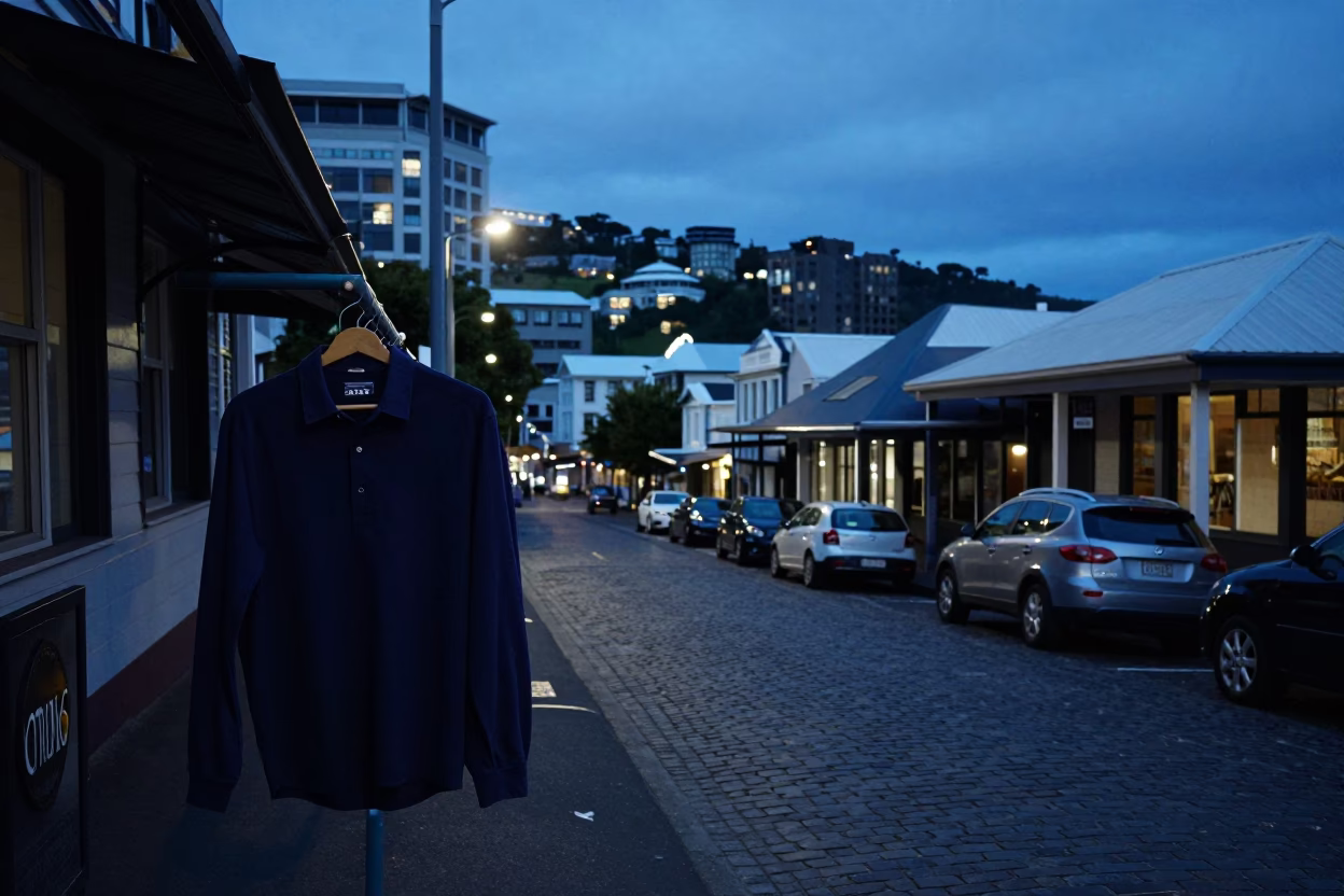 Evening Street Scene in Wellington New Zealand with Shirt Hanger and Local Architecture in in Wellington, New Zealand