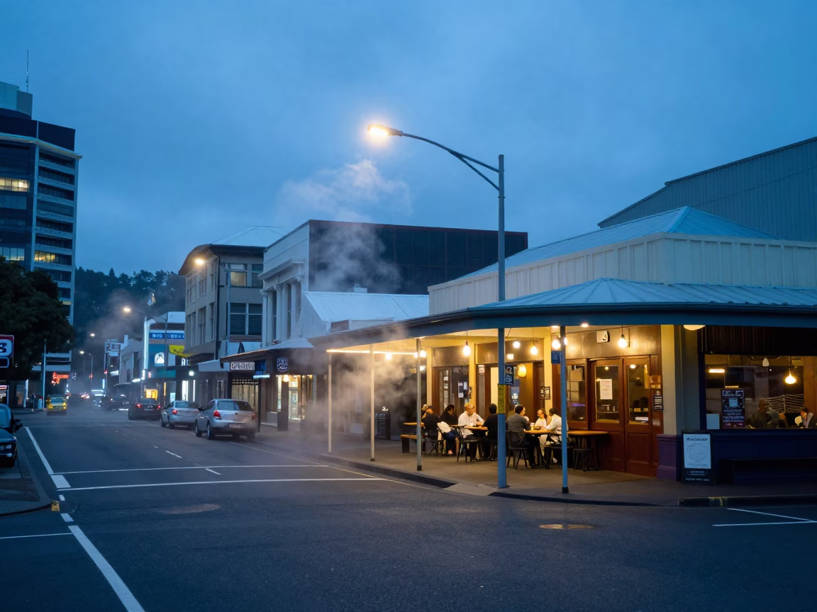 Evening Street Scene in Wellington New Zealand with Steam Haze and Local Life in in Wellington, New Zealand