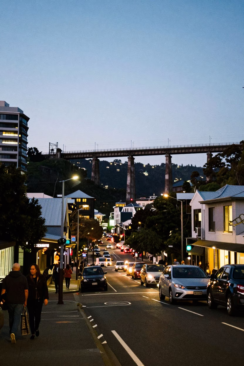 Evening Street Scene in Wellington New Zealand with Train Trestle and City Lights in in Wellington, New Zealand