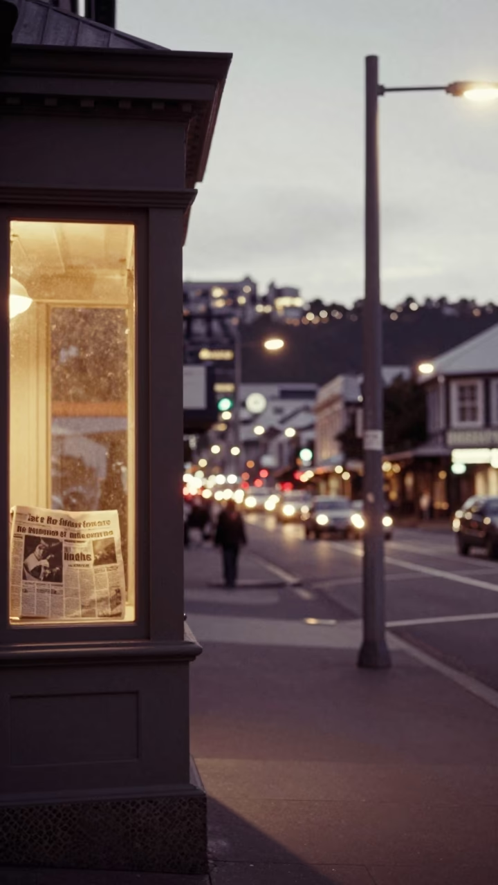 Evening Street Scene in Wellington New Zealand with Window Light and Newspaper Stack in in Wellington, New Zealand
