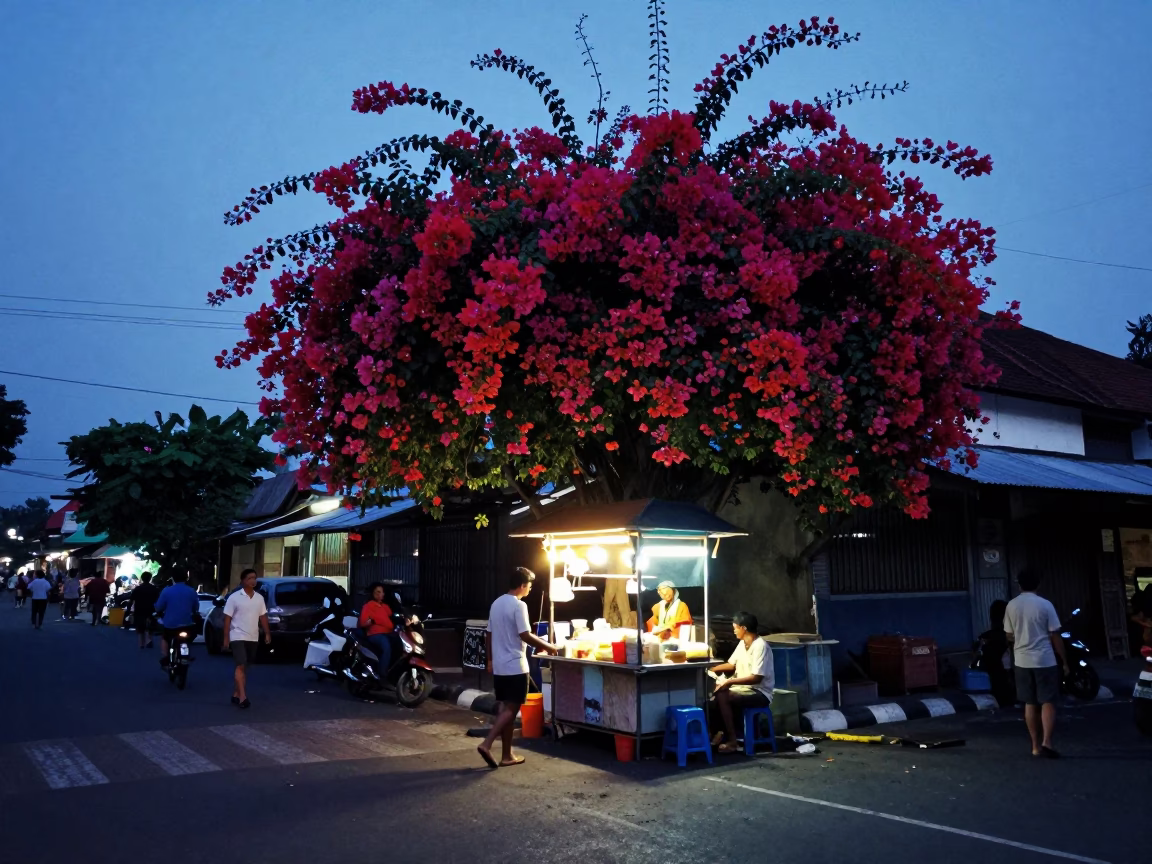 Evening Street Scene in Yogyakarta Indonesia with Bougainvillea and Blue Hour Light in in Yogyakarta, Indonesia