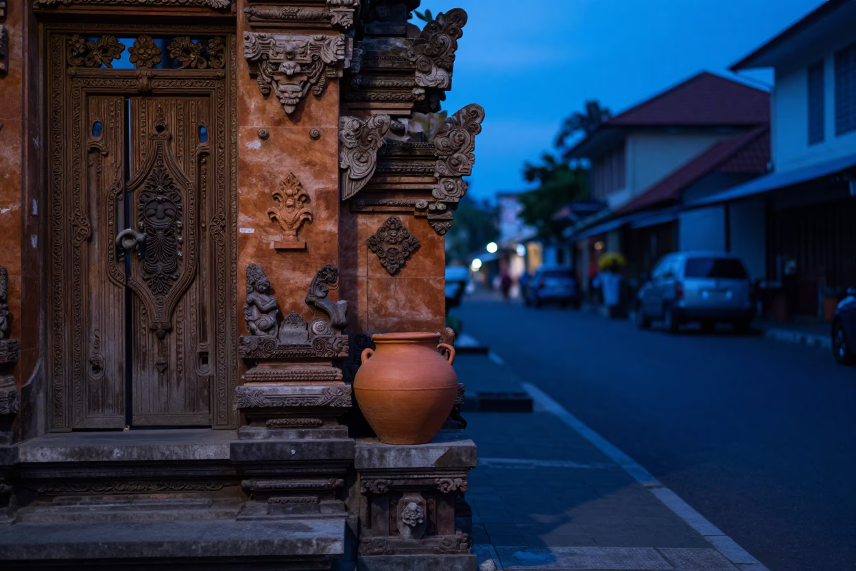 Evening Street Scene in Yogyakarta Indonesia with Clay Pot and Gate Handle in in Yogyakarta, Indonesia