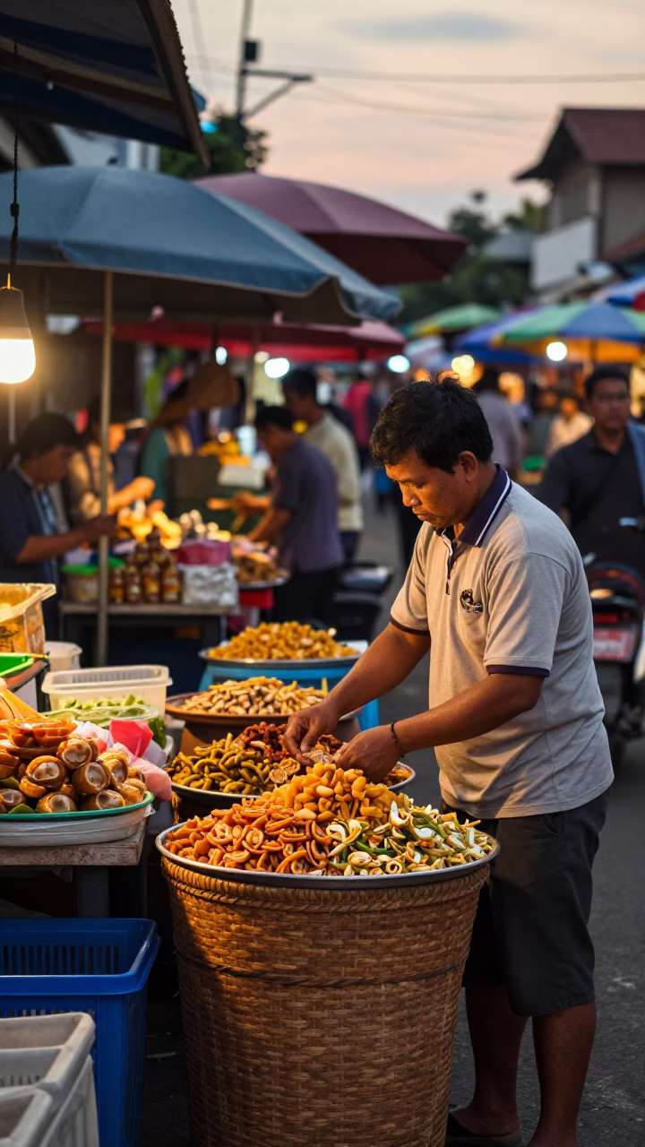 Evening Street Scene in Yogyakarta Indonesia with Local Market Activity in in Yogyakarta, Indonesia