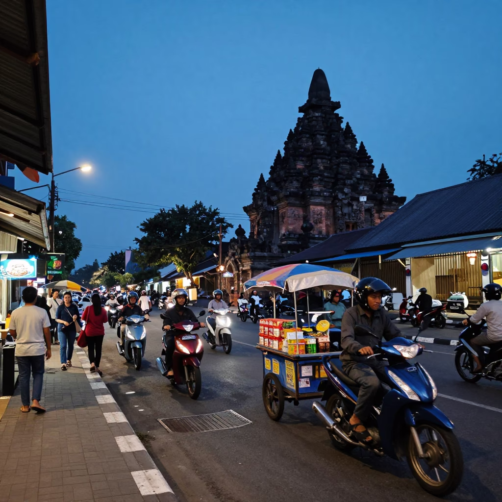 Evening Street Scene in Yogyakarta Indonesia with Motorbikes and Temple Silhouette in in Yogyakarta, Indonesia