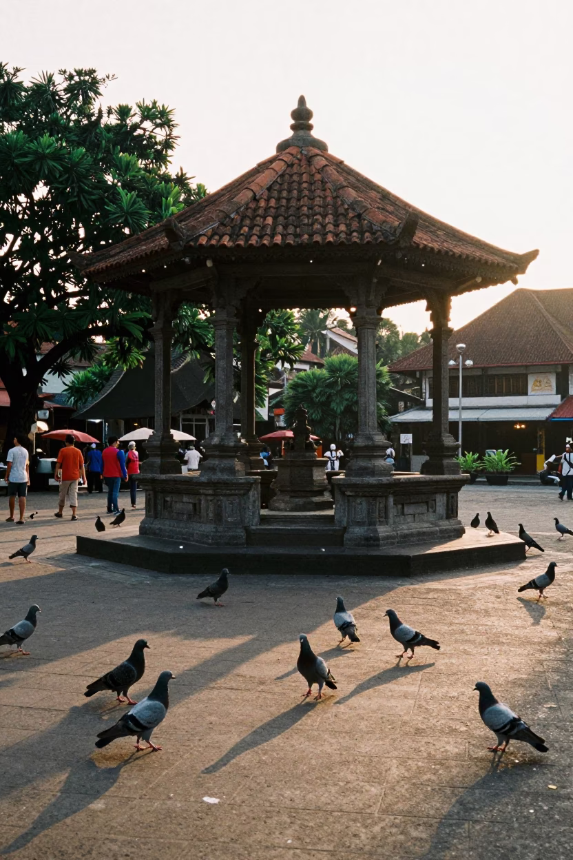 Evening Street Scene in Yogyakarta Indonesia with Pigeons and Gazebo in in Yogyakarta, Indonesia