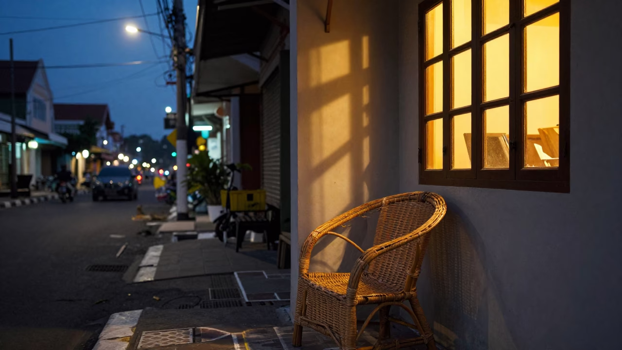 Evening Street Scene in Yogyakarta Indonesia with Rattan Chair and Window Light in in Yogyakarta, Indonesia