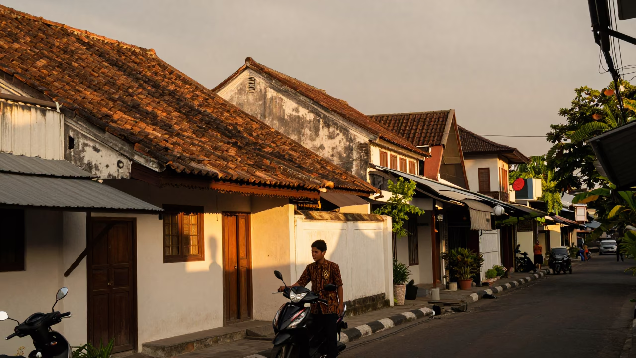 Evening Street Scene in Yogyakarta Indonesia with Traditional Architecture and Local Life in in Yogyakarta, Indonesia