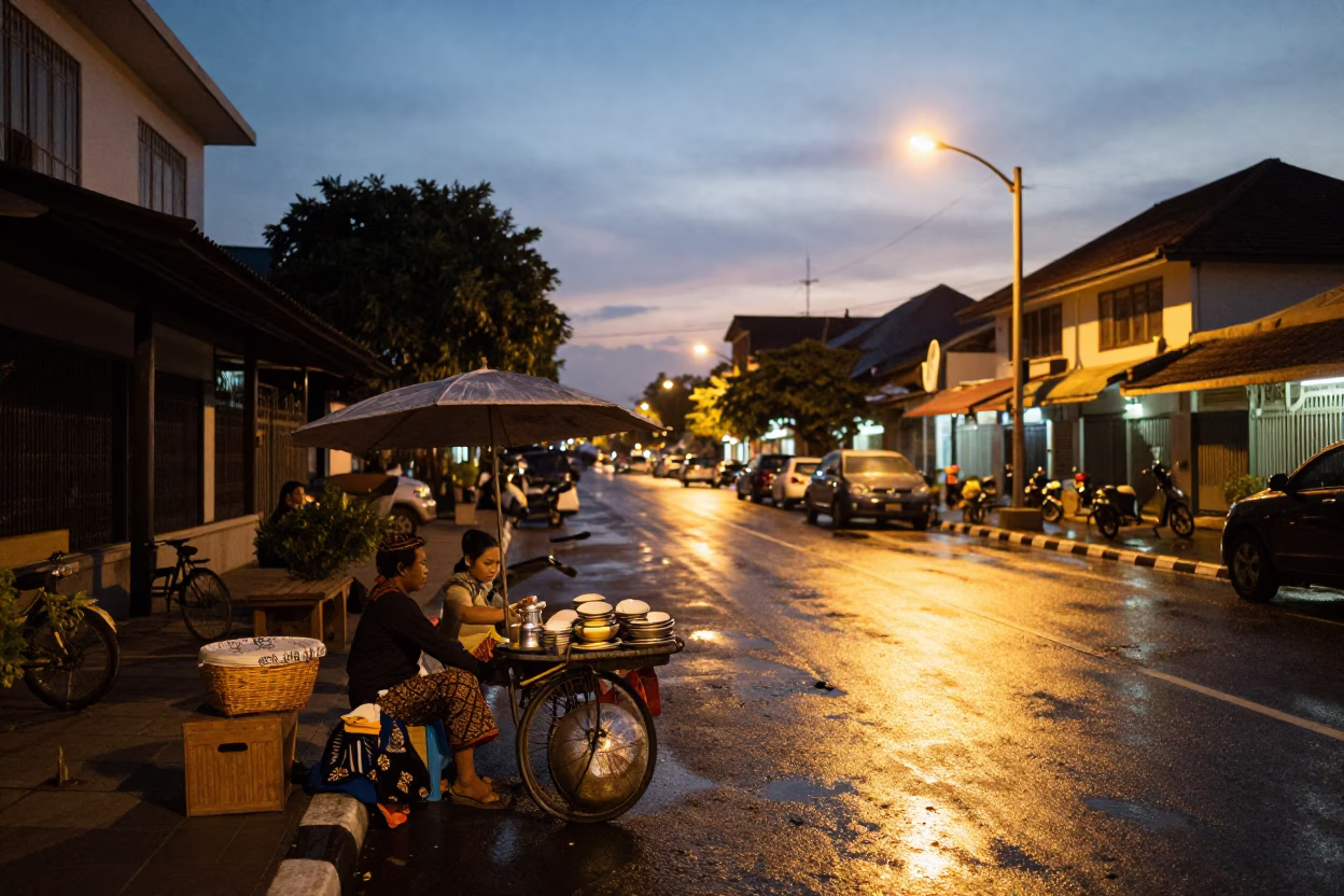 Evening Street Scene in Yogyakarta Indonesia with Traditional Batik Vendor and City Lights in in Yogyakarta, Indonesia