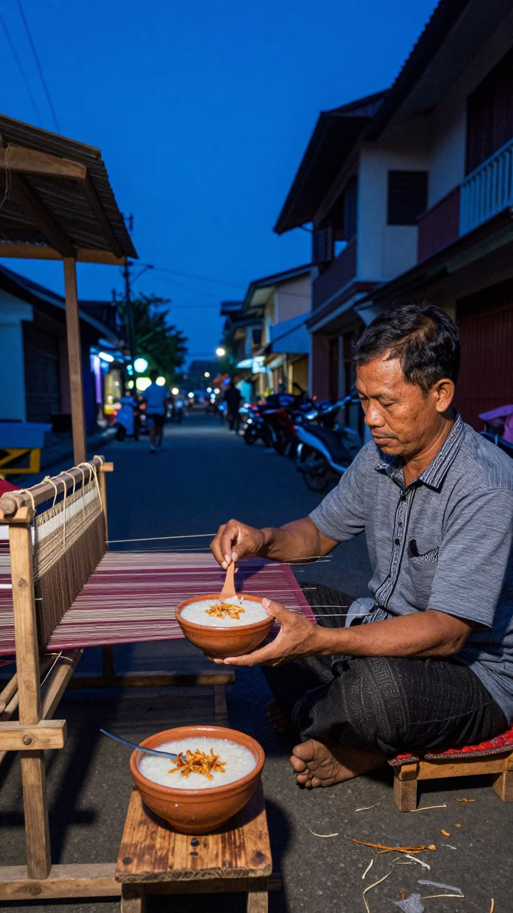 Evening Street Scene in Yogyakarta Indonesia with Traditional Weaver and Local Food Vendor in in Yogyakarta, Indonesia