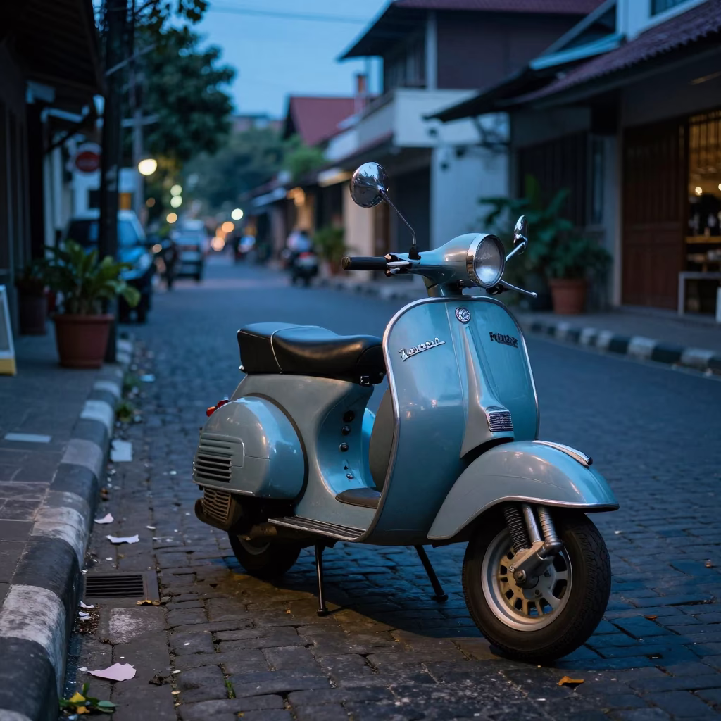 Evening Street Scene in Yogyakarta Indonesia with Vintage Vespa on Cobblestone Lane in in Yogyakarta, Indonesia