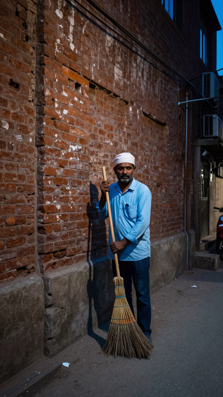 Evening street sweepers with brooms in Delhi India blue light in in Delhi, India