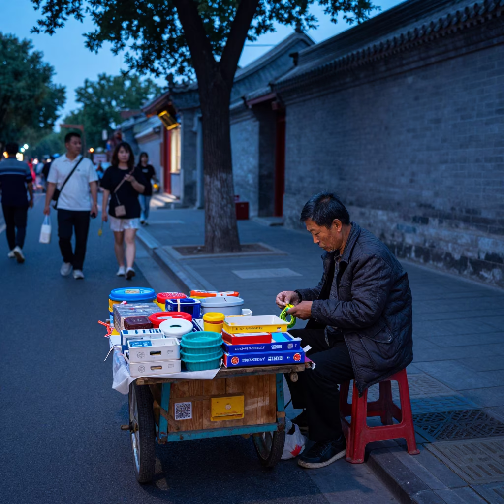 Evening Street Vendor in Beijing Selling Measuring Tapes and Household Goods Under Blue Light in in Beijing, China