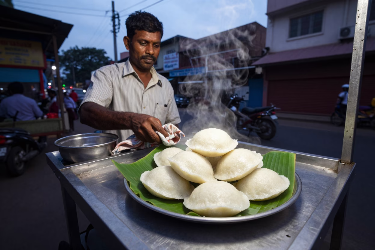 Evening Street Vendor in Chennai India Serving Hot Idli with Leaf Shadows on Tile in in Chennai, India