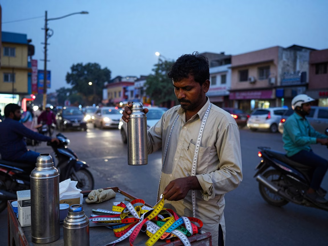 Evening Street Vendor in Delhi India with Thermos and Measuring Tapes at Blue Hour in in Delhi, India