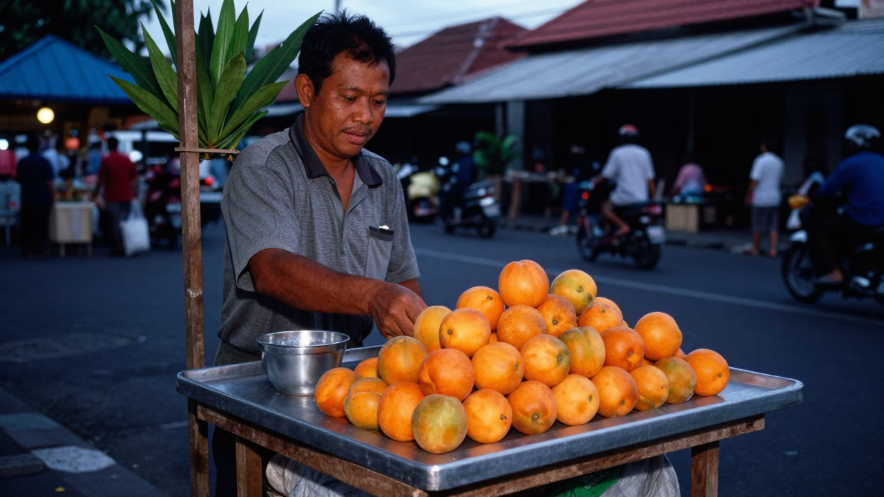 Evening Street Vendor in Denpasar Indonesia Selling Fresh Nectarines and Tropical Fruit in in Denpasar, Indonesia