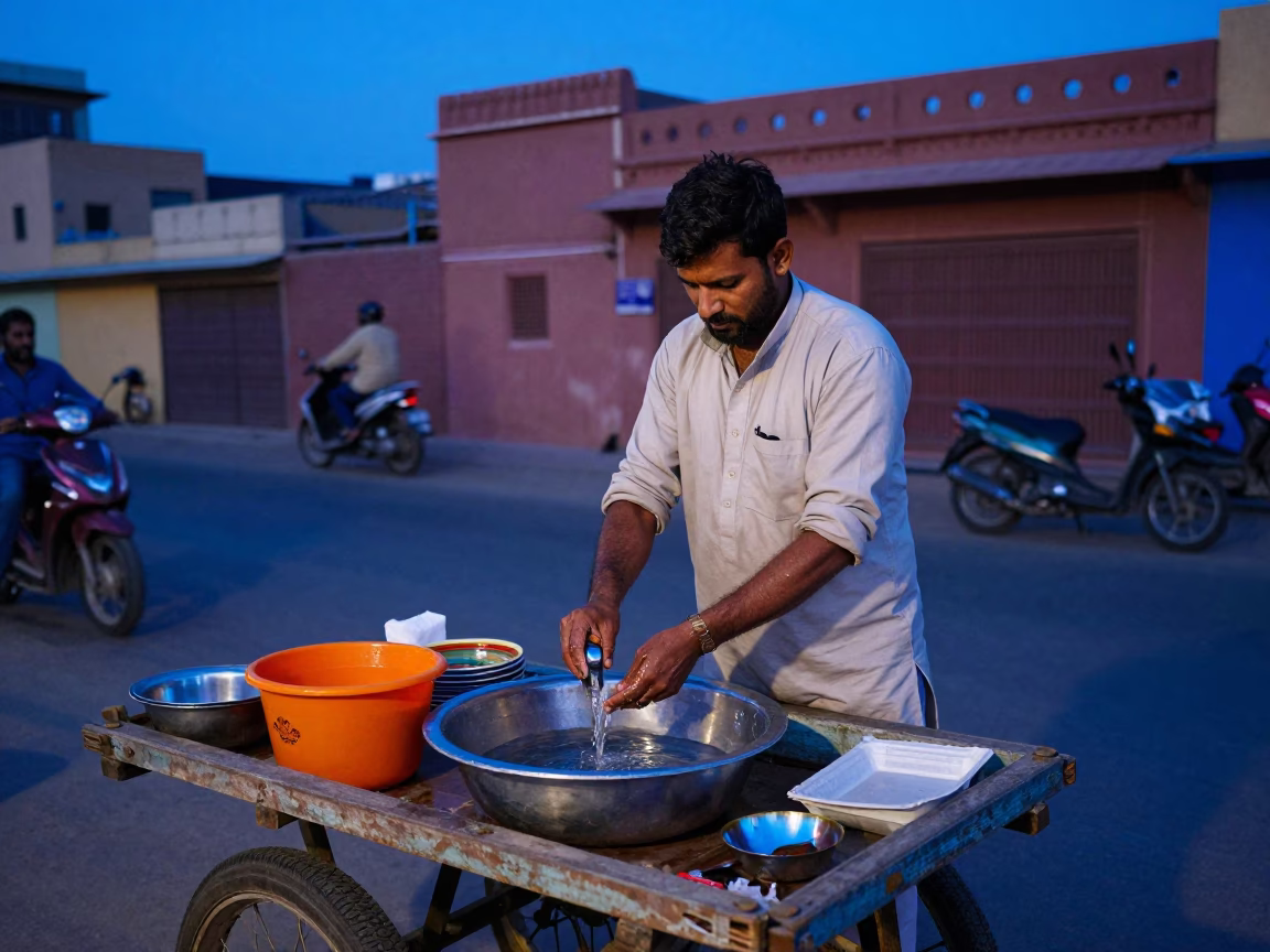 Evening Street Vendor in Jaipur India with Wash Basin and Colorful Clay Pots in in Jaipur, India