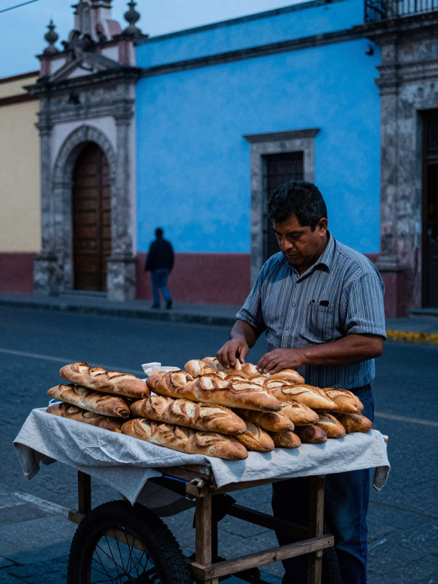 Evening Street Vendor in Oaxaca City Selling Fresh Baguettes at Dusk in in Oaxaca, Mexico