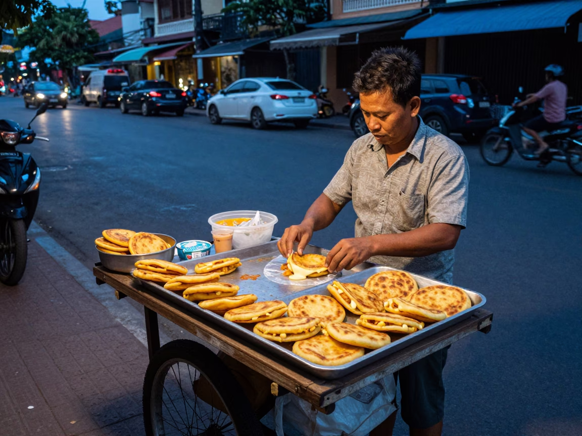 Evening Street Vendor in Phnom Penh Cambodia Selling Local Street Food and Snacks in in Phnom Penh, Cambodia