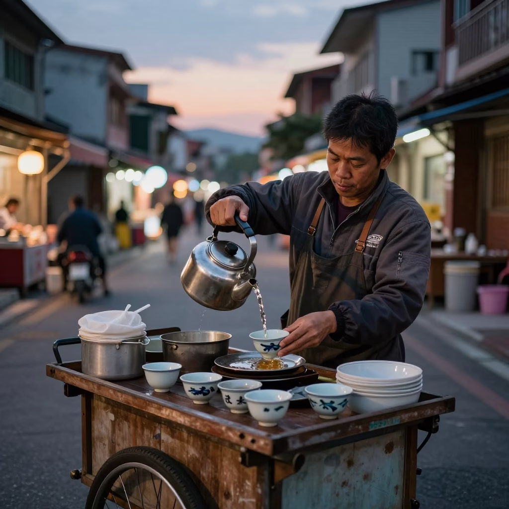 Evening street vendor preparing tea in Tainan Taiwan with local life details in in Tainan, Taiwan