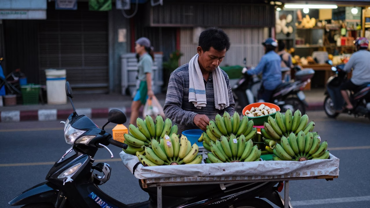 Evening street vendor selling fresh bananas near Bangkok temple with traditional Thai architecture in in Bangkok, Thailand