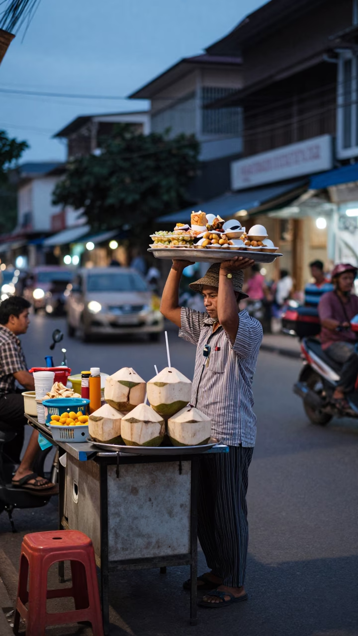 Evening Street Vendor Selling Fresh Coconut Water and Snacks in Phnom Penh Cambodia in in Phnom Penh, Cambodia
