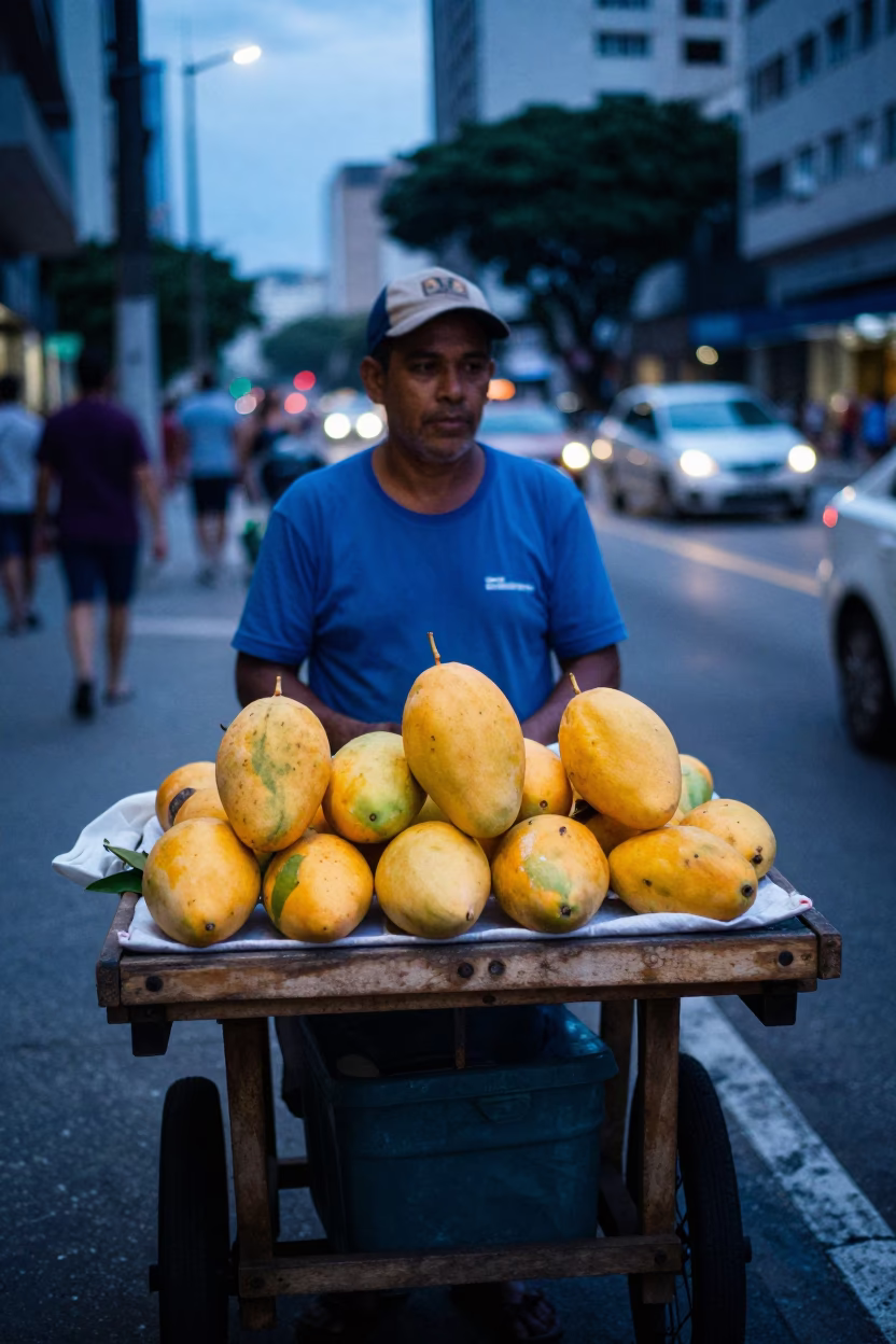 Evening Street Vendor Selling Fresh Mangoes in São Paulo Brazil Blue Hour in in São Paulo, Brazil