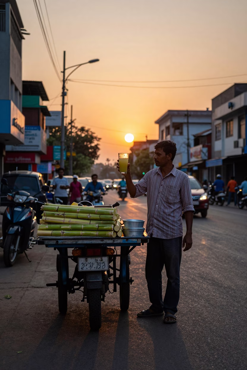 Evening Street Vendor Selling Fresh Sugarcane Juice in Kolkata India Sunset in in Kolkata, India