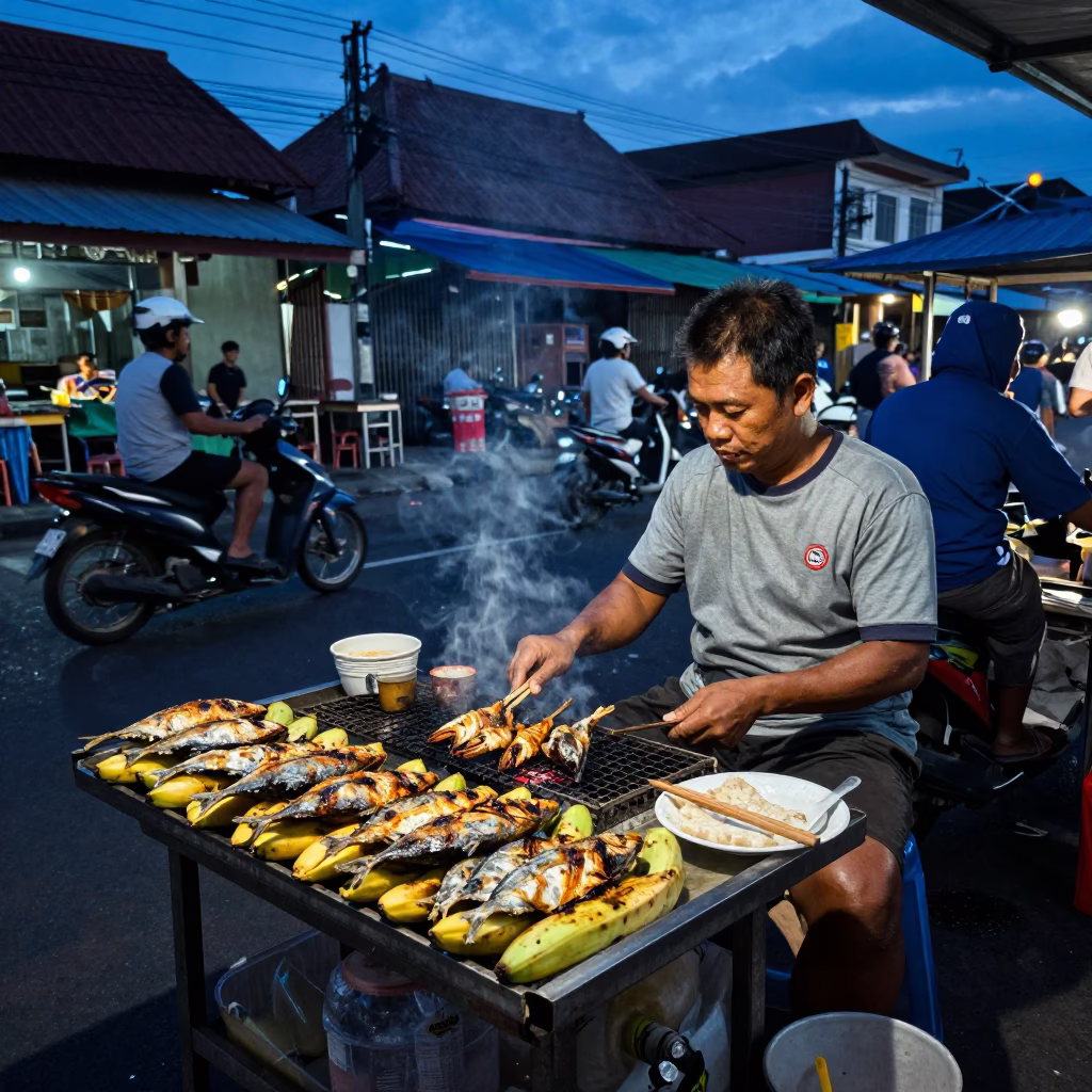Evening Street Vendor Selling Grilled Fish on Banana Leaf in Denpasar Indonesia in in Denpasar, Indonesia