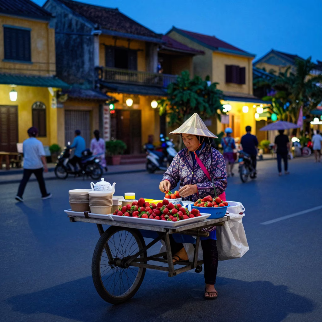 Evening Street Vendor Selling Strawberries and Tea in Hoi An Vietnam in in Hoi An, Vietnam