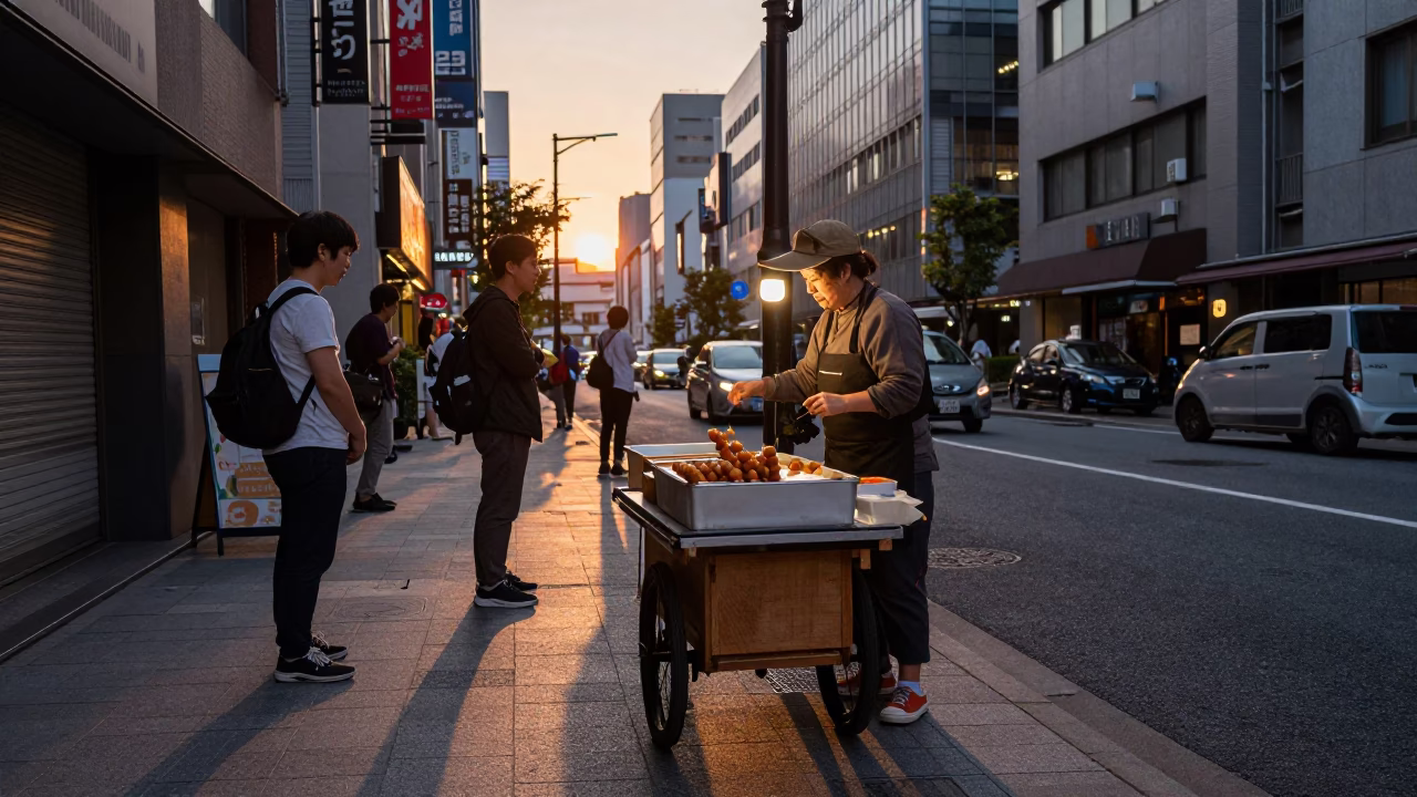 Evening Street Vendor Serving Dango in Tokyo Under Fading Sunlight in in Tokyo, Japan