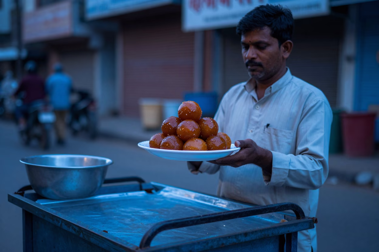 Evening Street Vendor Serving Gulab Jamun in Hyderabad India Blue Light in in Hyderabad, India
