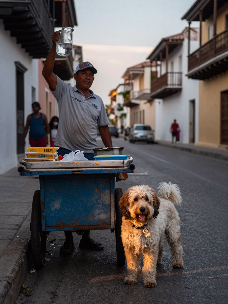 Evening Street Vendor with Portuguese Water Dog in Cartagena in in Cartagena, Colombia