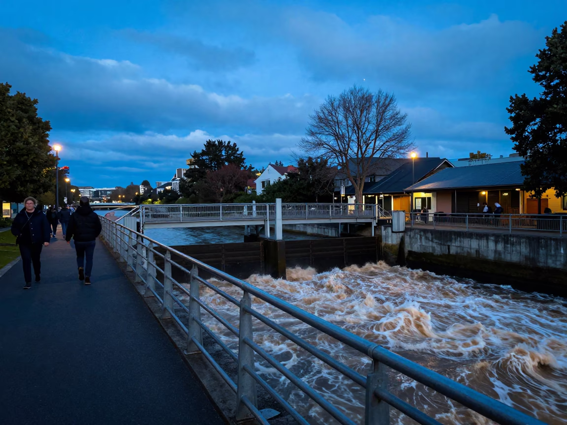 Evening Stroll Along Christchurch Avon River Sluice Gate Walkway in Last Blue Light in in Christchurch, New Zealand