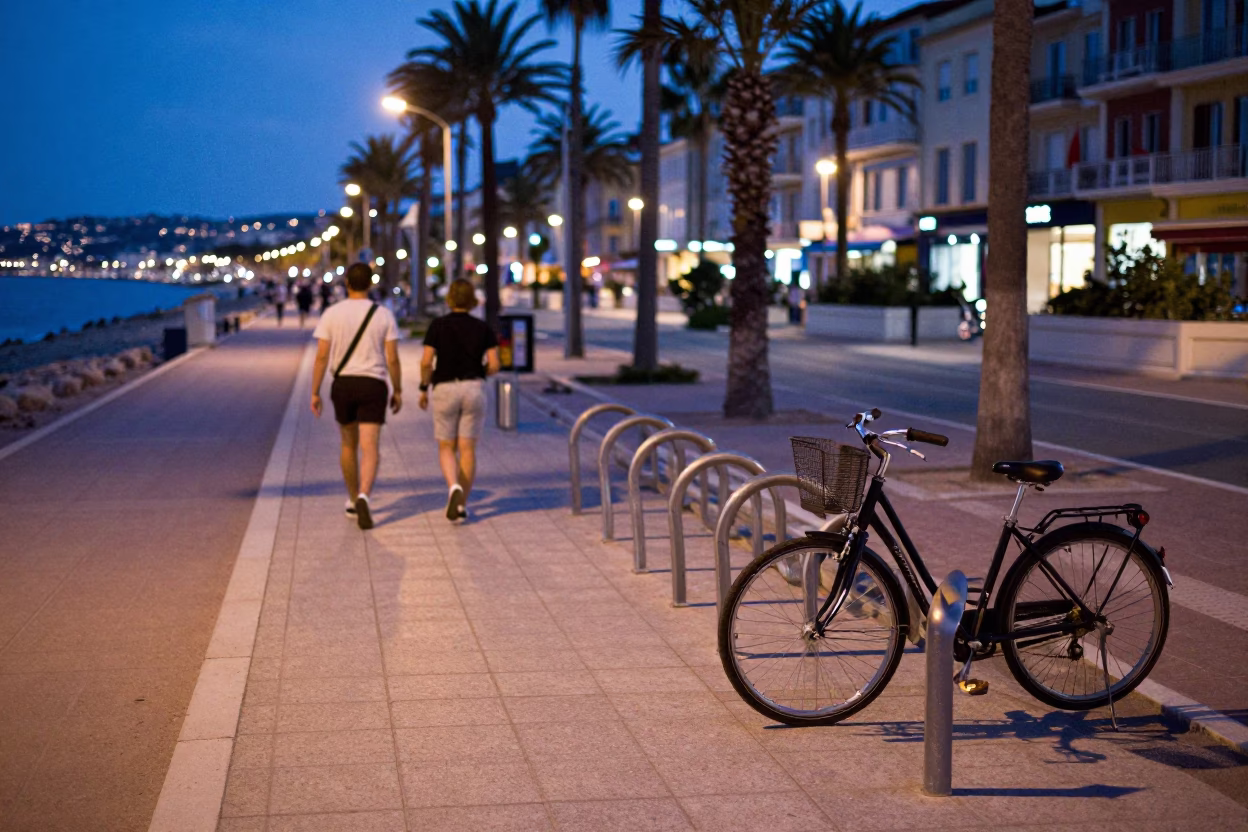 Evening Stroll Along Nice Promenade with Bicycle Rack and Watering Jug in Blue Light in in Nice, France
