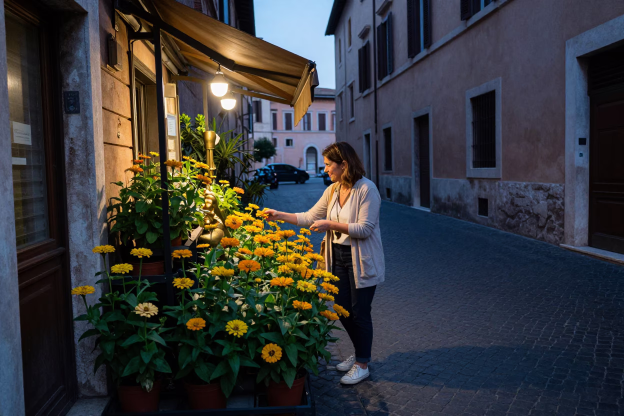 Evening Stroll in Rome Italy with Yellow Zinnias and Brass Accents in in Rome, Italy