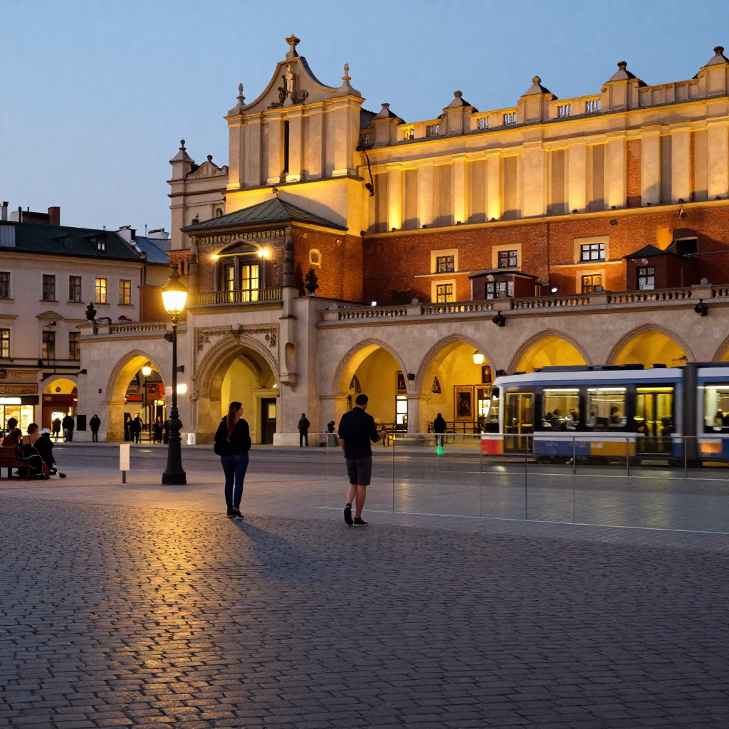 Evening Stroll Through Krakow Main Market Square with Vintage Telephone and Glass Railings in in Krakow, Poland