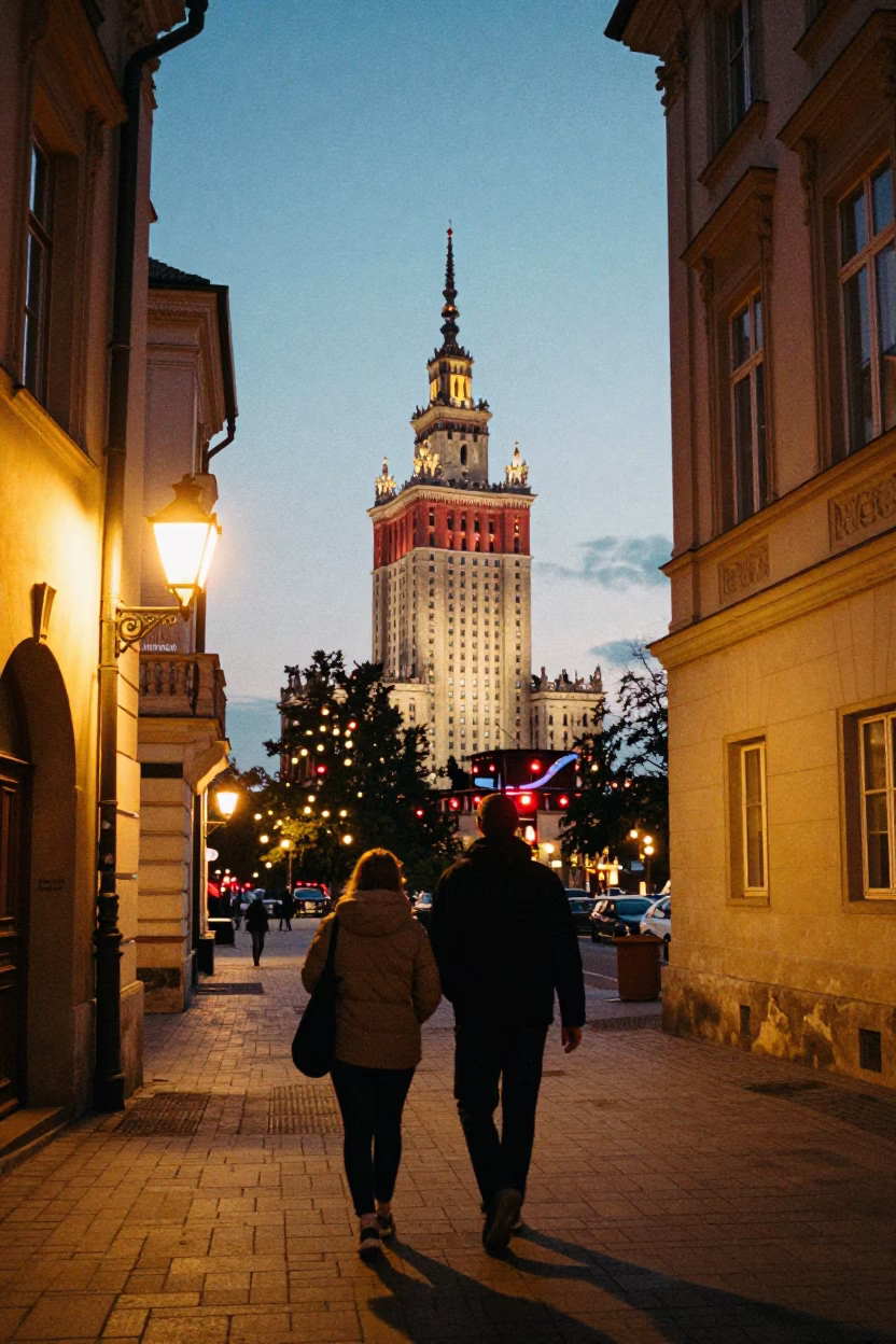 Evening Stroll Through Krakow Old Town with Red Observatory Lights and Toadstools in in Krakow, Poland