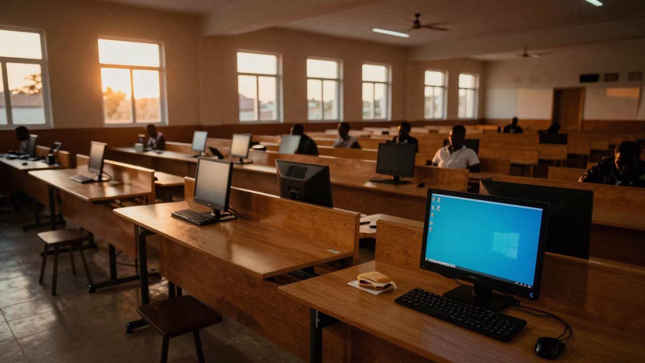 Evening Study Lab Garoua with Glowing Screen in in a lecture hall before the crowd arrives near Garoua
