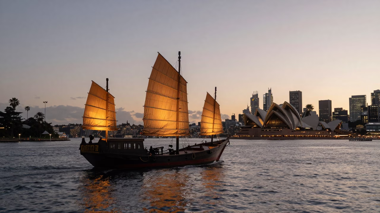 Evening Sydney Harbor Scene with Chinese Junk Sails and City Lights Reflections in in Sydney, New South Wales, Australia