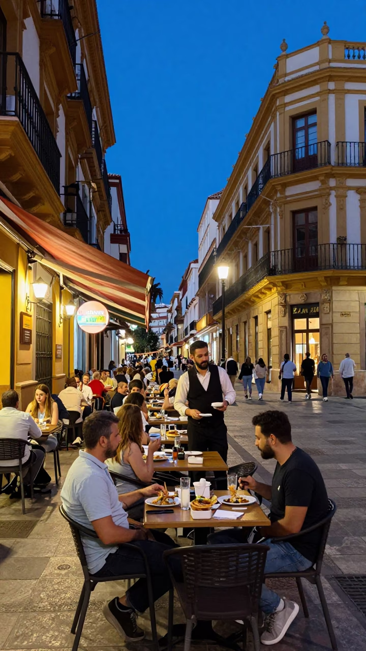 Evening Tapas and Churros in Valencia Spain Blue Hour Street Scene in in Valencia, Spain