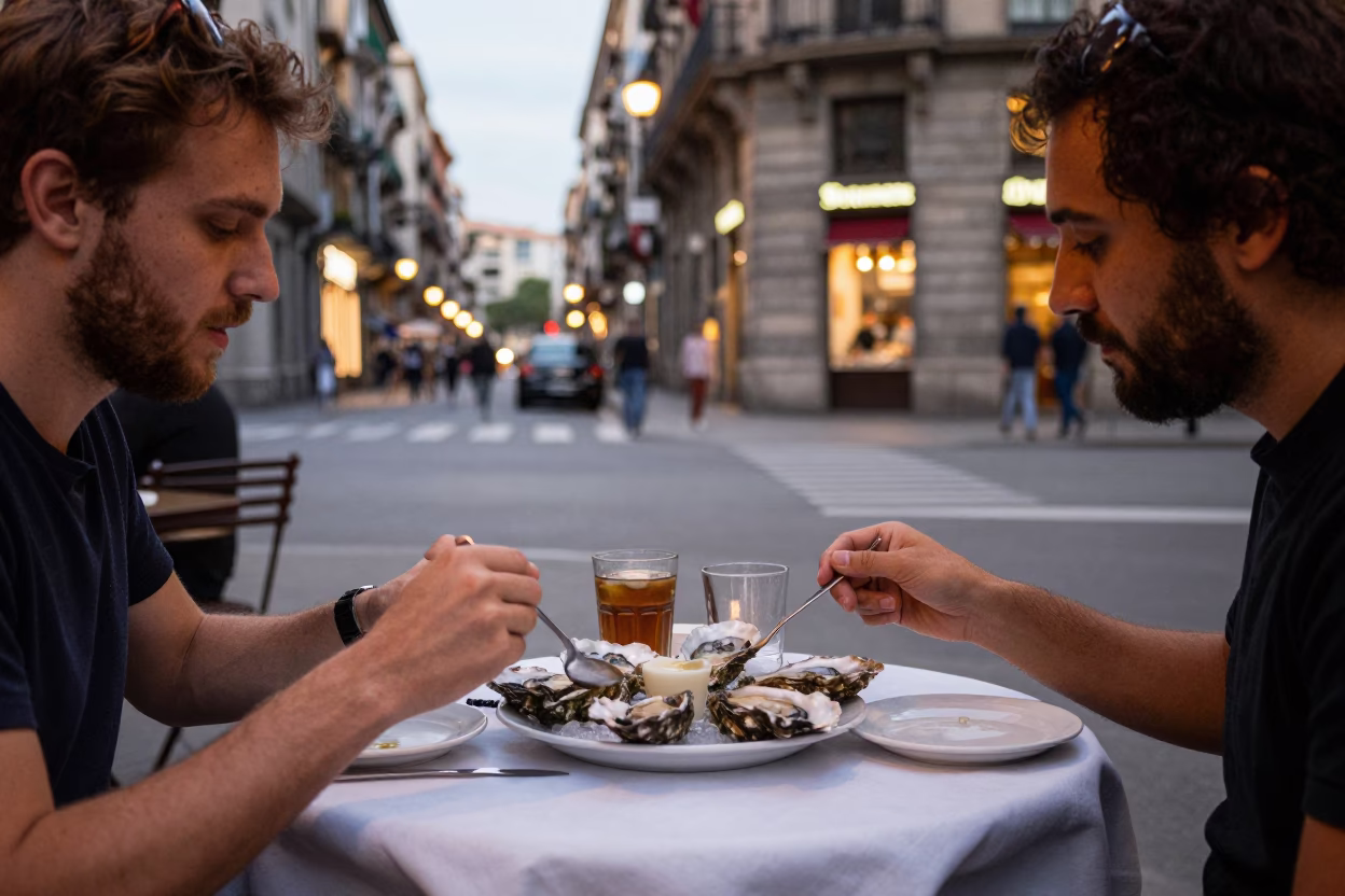 Evening Tapas at Barcelona Street Cafe with Oysters and Storage Tin in in Barcelona, Spain
