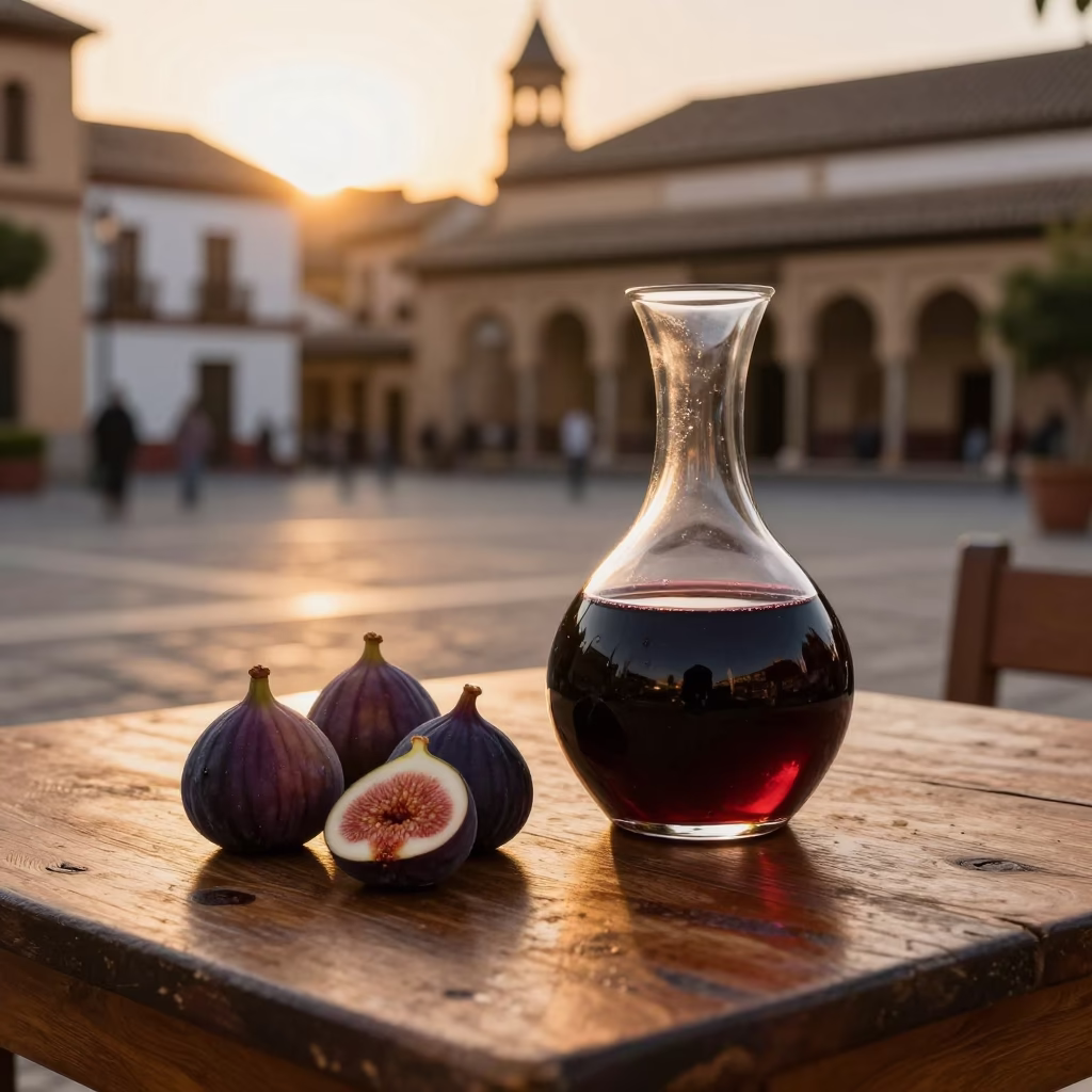 Evening Tapas Scene in Granada Spain with Figs and Decanter in in Granada, Spain
