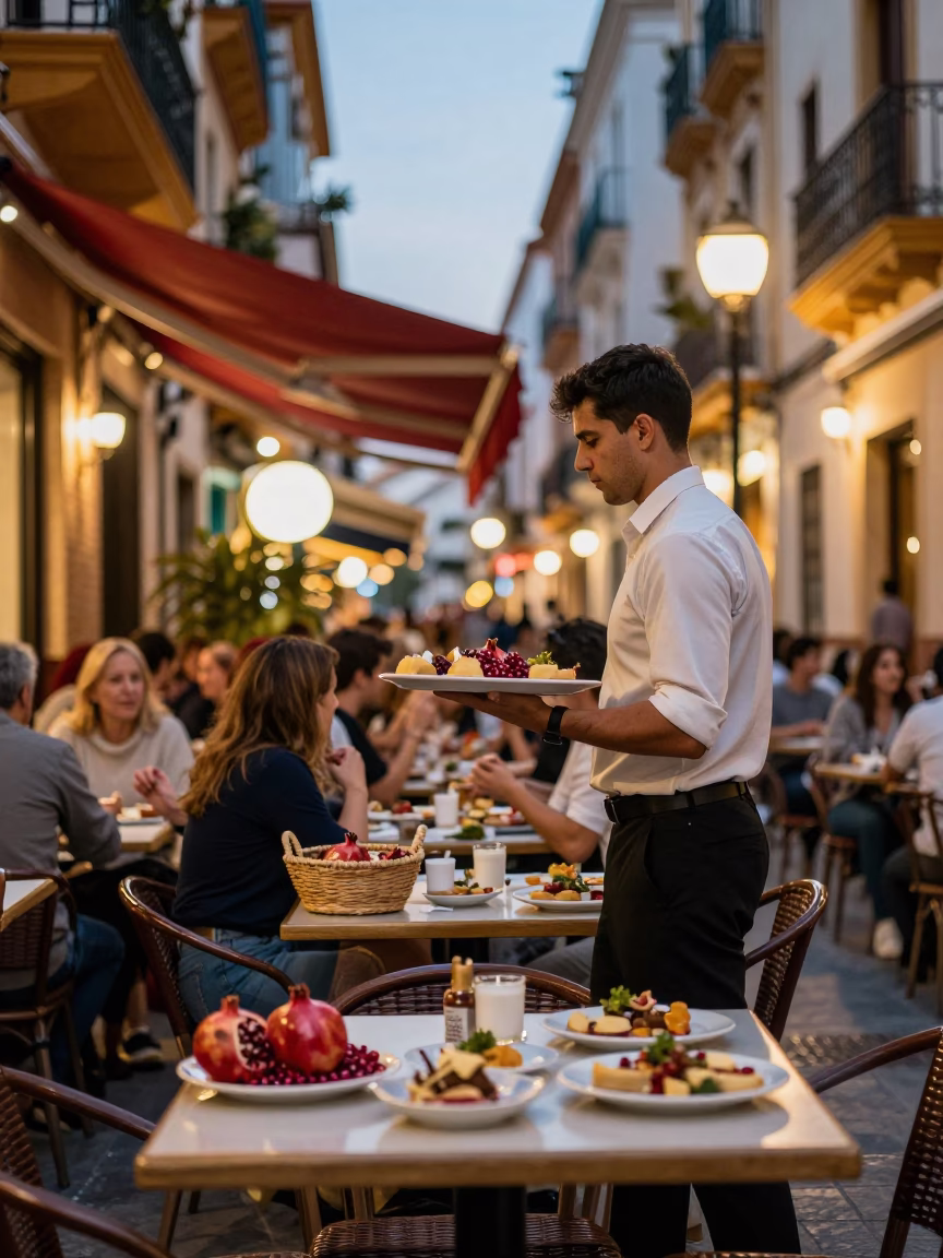 Evening Tapas Scene in Valencia Spain with Pomegranate and Woven Basket in in Valencia, Spain