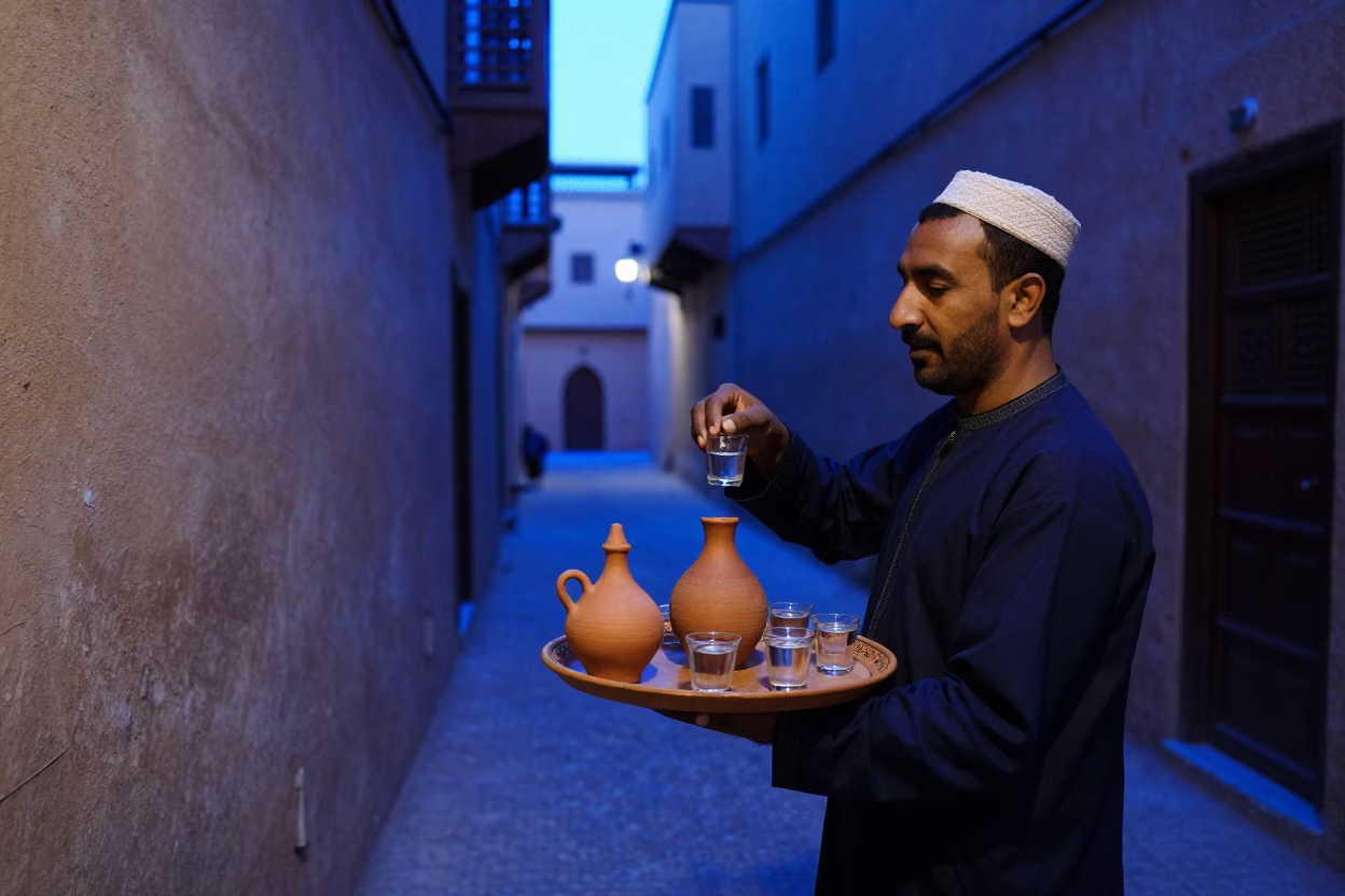 Evening Tea Service in Marrakech Medina with Clay Pot and Stone Bowl in in Marrakech, Morocco