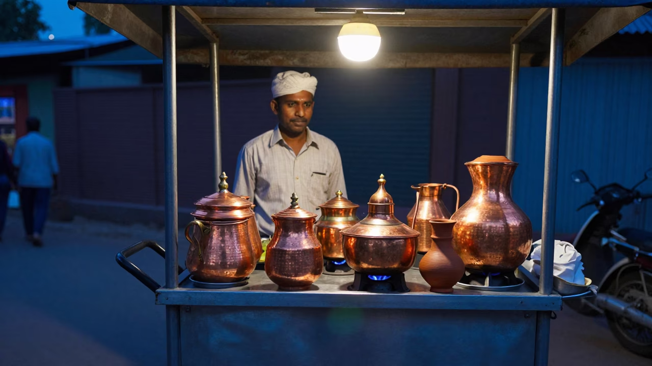 Evening Tea Stall in Hyderabad With Copper Pots And Clay Cups in in Hyderabad, India