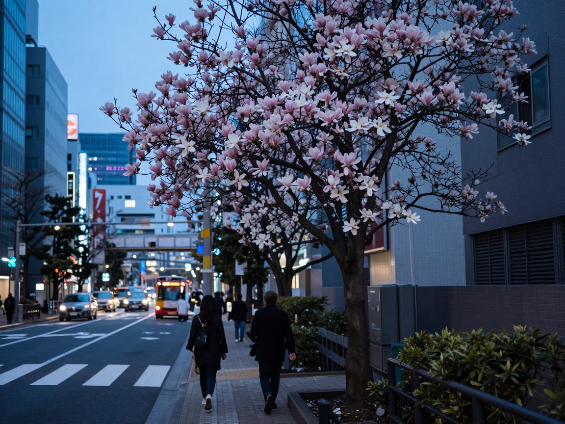 Evening Tokyo Street Scene with Magnolia Blossoms and Urban Infrastructure in Blue Light in in Tokyo, Japan